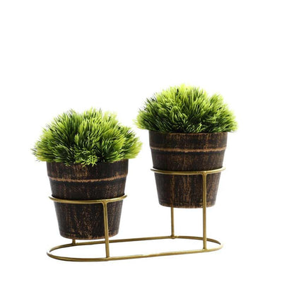 Table Decor (DE1946261-S-PM26503), Green Plastic Artificial Bushy Leaves Plant with Metal Holder, Set of 2 by Foliyaj, Table Decor - IM15584