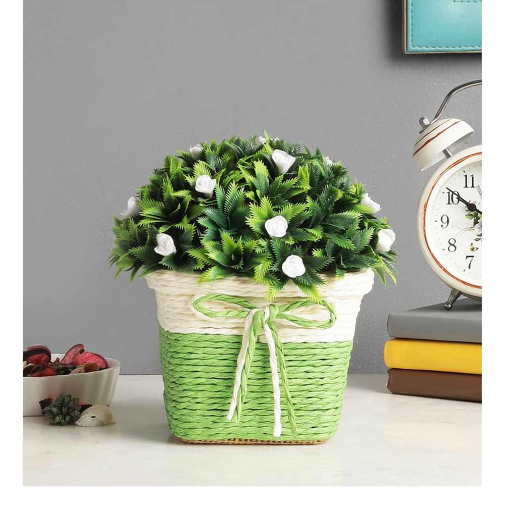 Table Decor (DE1873558-S-PM26503), Artificial Plant with Thorny Green Leaves & Small White Flowers with Pot by Foliyaj, Table Decor - IM15586
