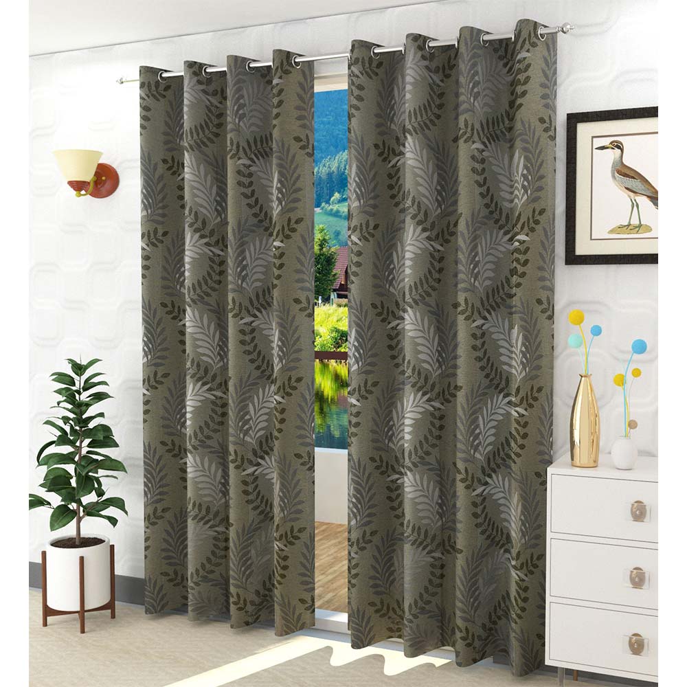 Curtain, (Presto) ICGL105_LD2, Grey colour Floral Long Door curtain Set of 2, Curtain-IM15979-44X108 inches