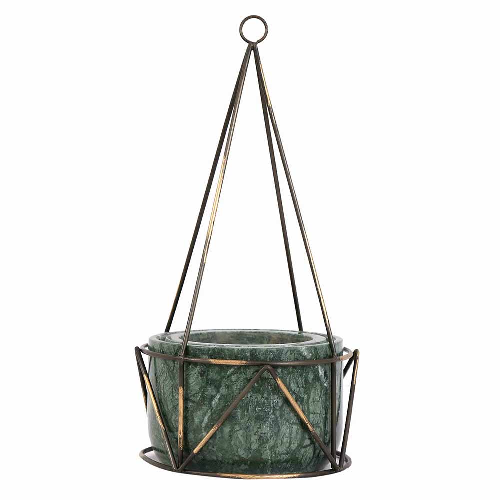 Planter, MPL0034 (Worldone), Green Marble Base with Brass Antique Metal Filigree Planter, Planter - IM16044