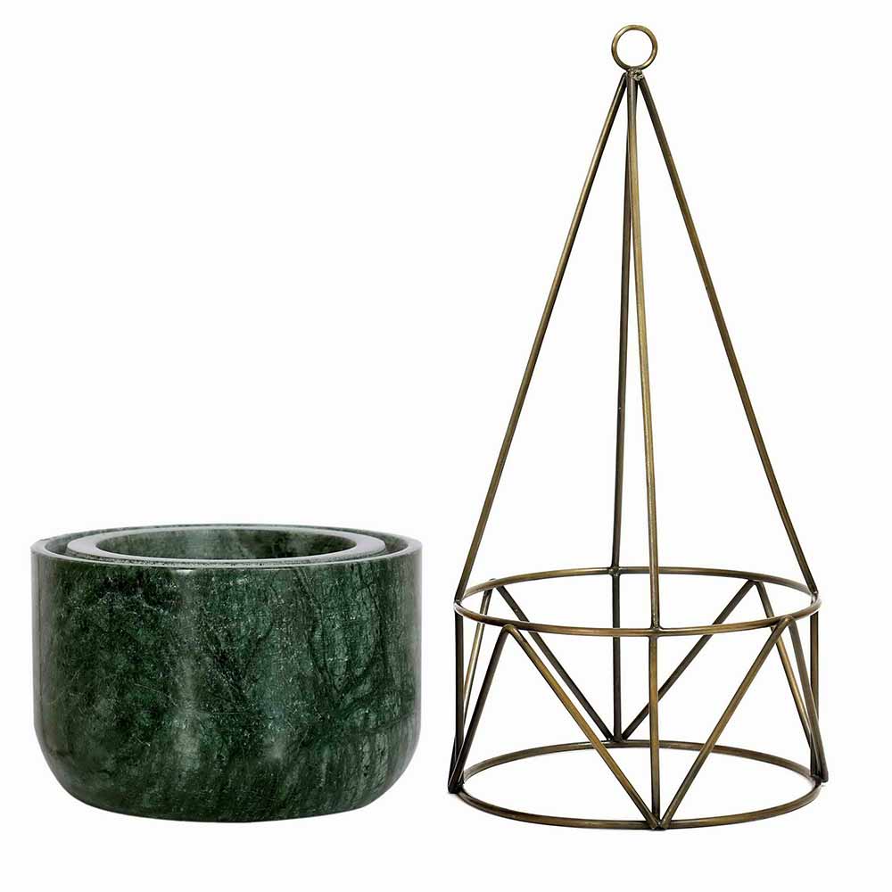 Planter, MPL0034 (Worldone), Green Marble Base with Brass Antique Metal Filigree Planter, Planter - IM16044