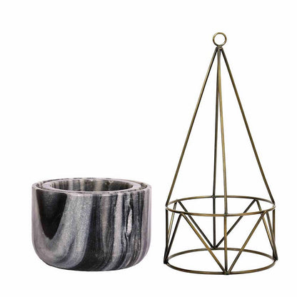 Planter, MPL0035 (Worldone), Grey Marble Base with Brass Antique Metal Filigree Planter, Planter - IM16045