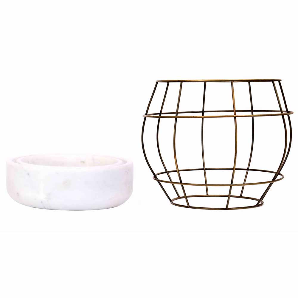 Planter, MPL0045 (Worldone), White Marble Base with Brass Antique Metal Net Planter, Planter - IM16047