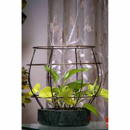 Planter, MPL0046 (Worldone), Green Marble Base with Brass Antique Metal Net Planter, Planter - IM16048