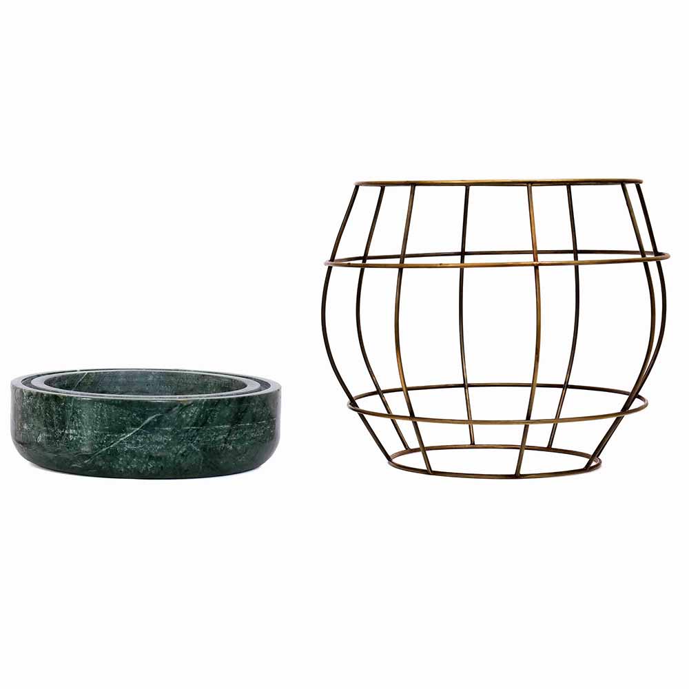 Planter, MPL0046 (Worldone), Green Marble Base with Brass Antique Metal Net Planter, Planter - IM16048