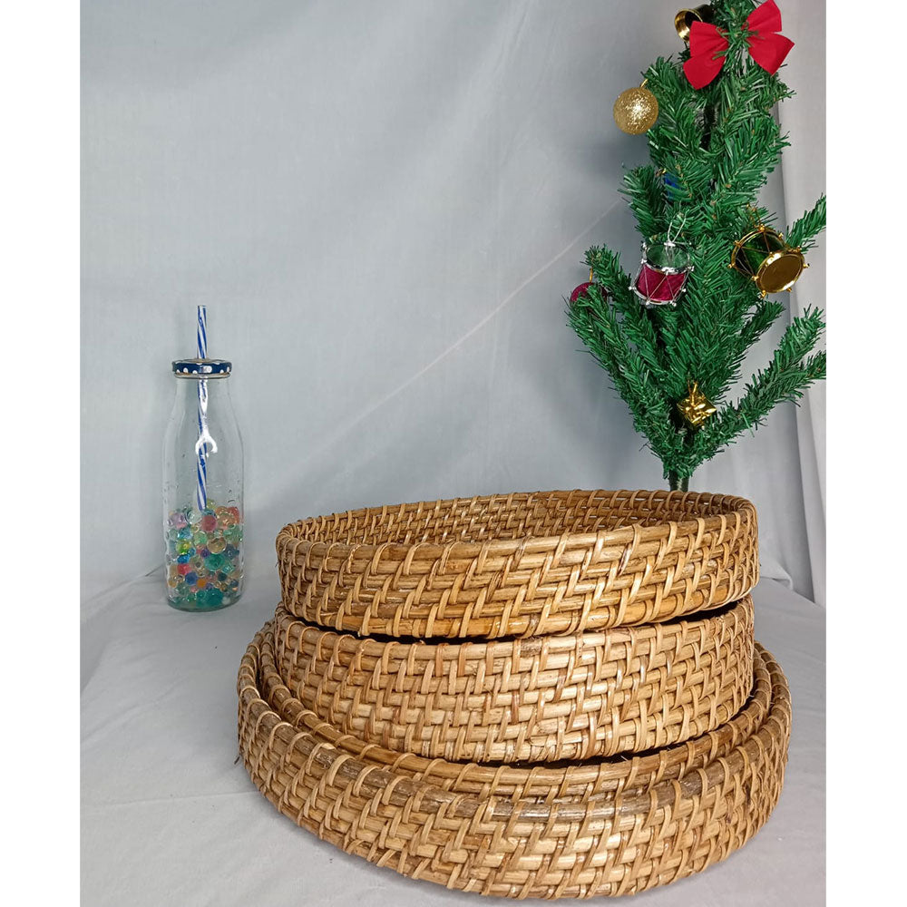 Table Accessory, TAA0024(ASSAM ADMIRATION), Cane Round Tray, Pack of 3 Tray, Hand-Woven Tray - IM16079