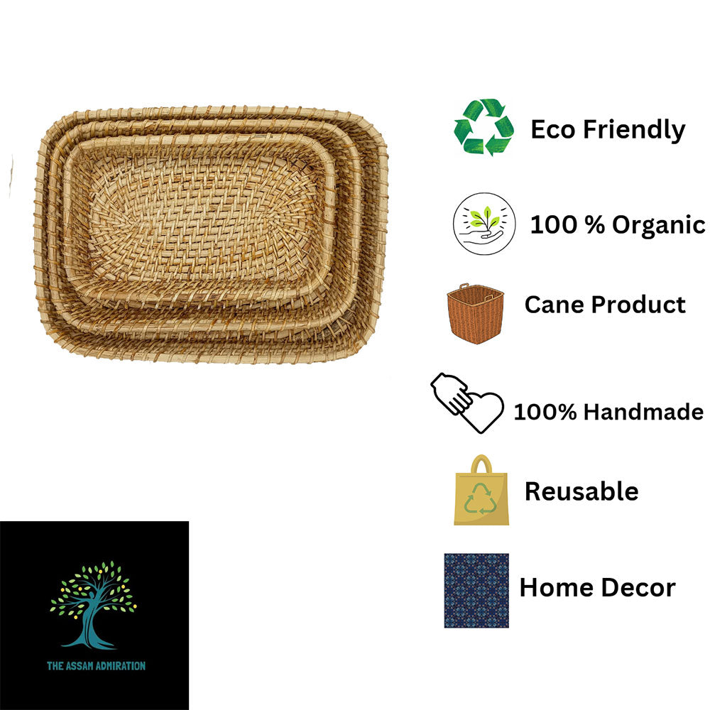 Table Accessory, TAA0028(ASSAM ADMIRATION), Rectangular Cane Tray, Serving Tray, Pack of 3 Rectanguler Tray, Hand-Woven Tray - IM16083