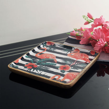 Serving Platter, AVA-BBH-03(A Vintage Affair), Tropical Flamingo Wooden Serving Platter - Square, Serving Platter - IM16088