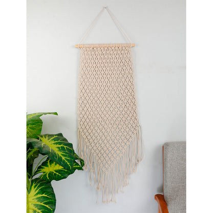 Wall Hanging (i510_1_1), Macrame Wall Hanging small knots rectangle triangle tassles, Off White color Wall Hanging, Wall Hanging - IM2170