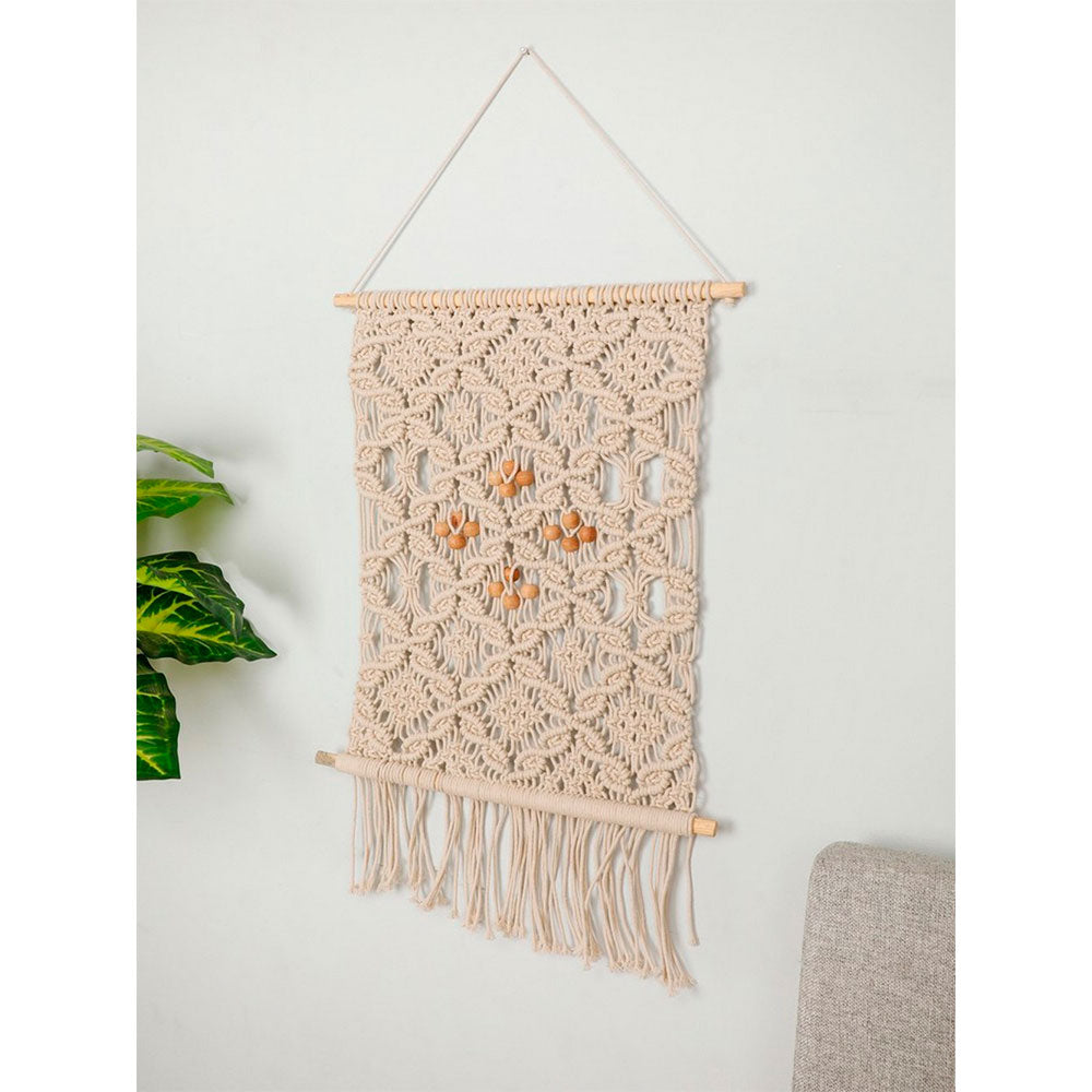 Wall Hanging (i482_1_1), Macrame Wall hanging interconnected, knots, beads, 20x30, Off White color Wall Hanging, Wall Hanging - IM2171