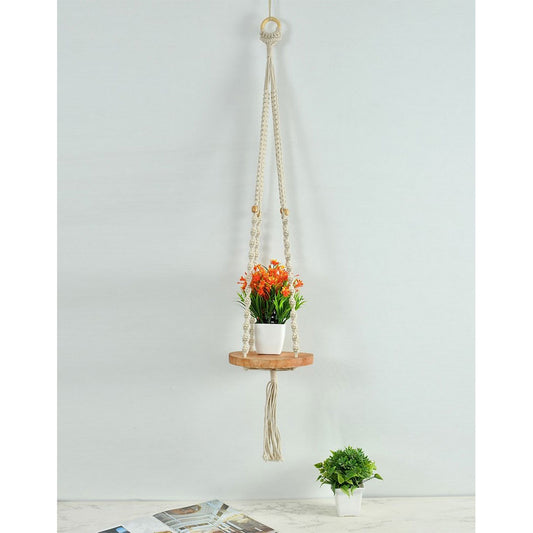 Wall Hanging (i411_1_1), Cotton macrame round Hanging Shelf for pot, decoration item, Off White color Wall Hanging, Wall Hanging - IM2175