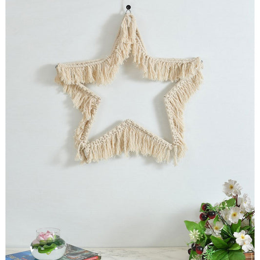 Wall Hanging (i262_1_1), Star shape side fringes macrame wall hanging, decoration item, Off White color, Wall Hanging - IM2184