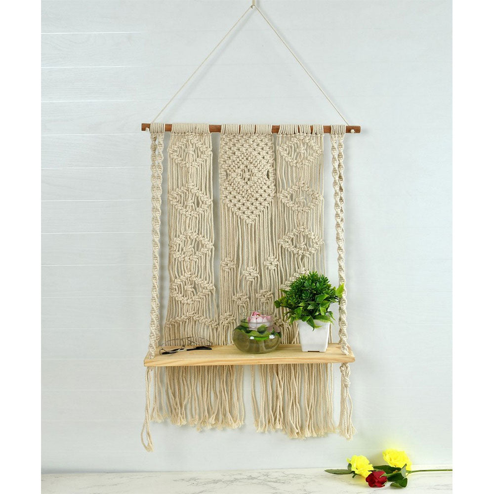 Wall Hanging (i242_1_1), Wall Decoration Wooden Shelf Diamond Flower, Off White Color Wall Hanging, Wall Hanging - IM2189