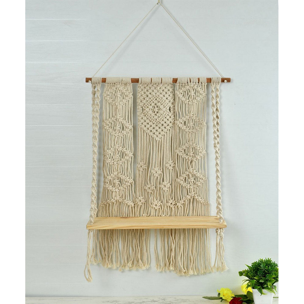 Wall Hanging (i242_1_1), Wall Decoration Wooden Shelf Diamond Flower, Off White Color Wall Hanging, Wall Hanging - IM2189