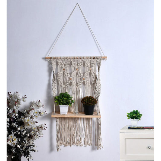 Wall Hanging (i144_1_1), Macrame Wall Hanging Shelf, Leaf, Off White & Brown Color Wall Hanging, Wall Hanging - IM2200