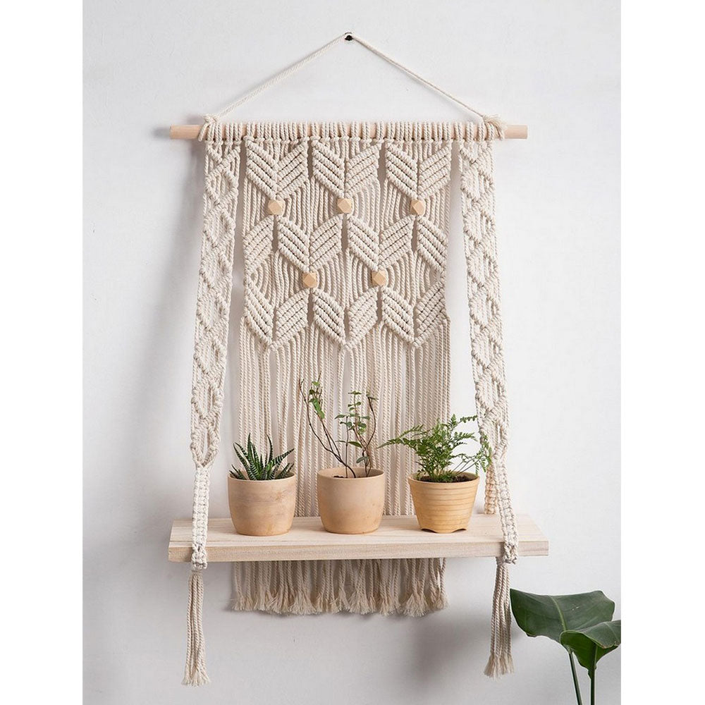 Wall Hanging (i144_1_1), Macrame Wall Hanging Shelf, Leaf, Off White & Brown Color Wall Hanging, Wall Hanging - IM2200