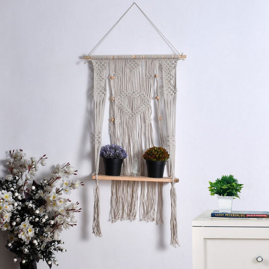 Wall Hanging (i114_1_1), Macrame Hanger Wooden Shelf, Heart Design Off White Color Wall Hanging, Wall Hanging - IM2201