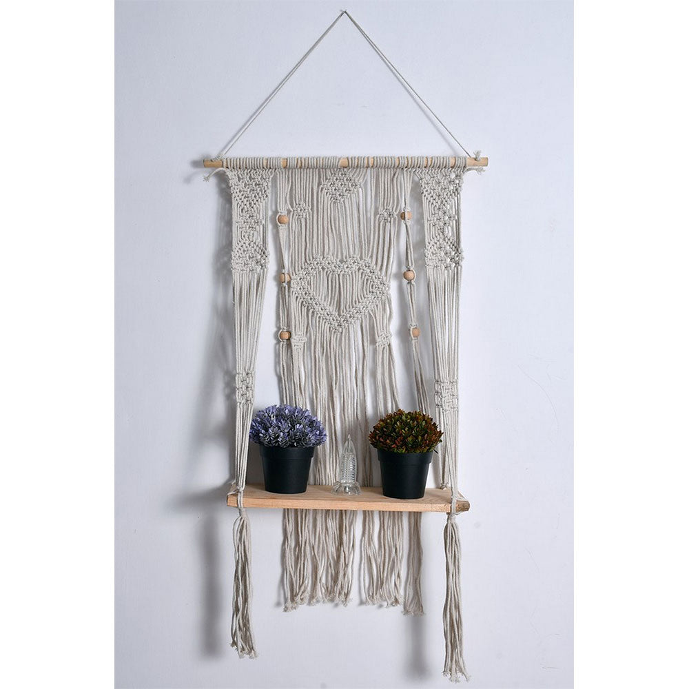 Wall Hanging (i114_1_1), Macrame Hanger Wooden Shelf, Heart Design Off White Color Wall Hanging, Wall Hanging - IM2201