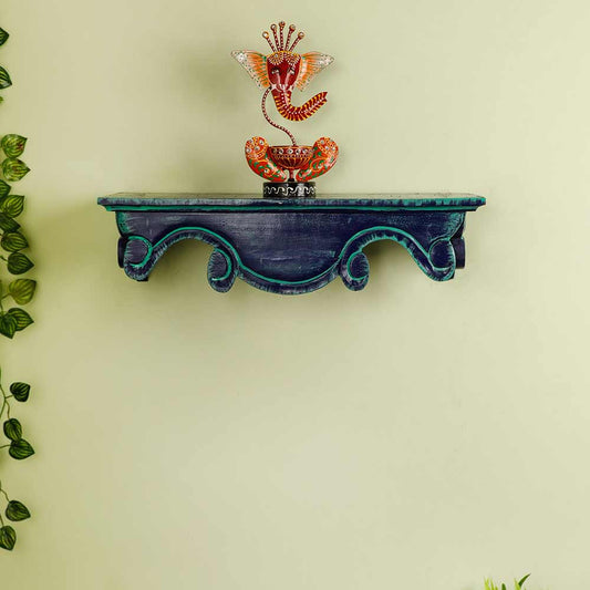 Wall Shelf In MintBlue Colour HandMade Carving on Wood (18inch) By Disoo Fashions, Wall Shelf - IM2203