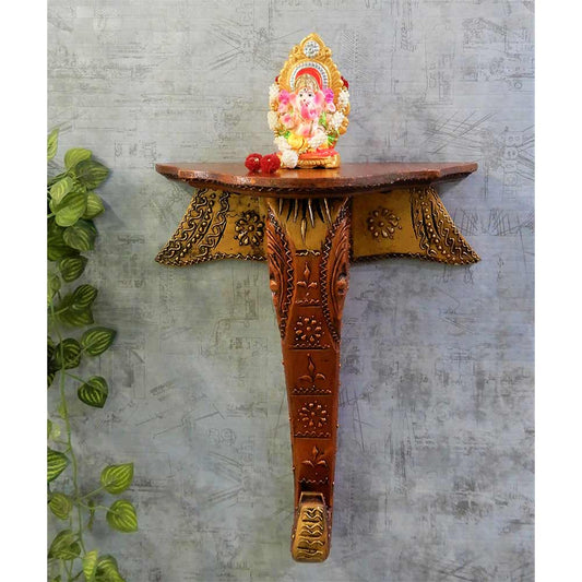 Wall Shelf In Natural Wooden Colour elephant trunk figurine handcarved wooden artifact or wall shelf.Ganesha design By Disoo Fashions, Wall Shelf - IM2206