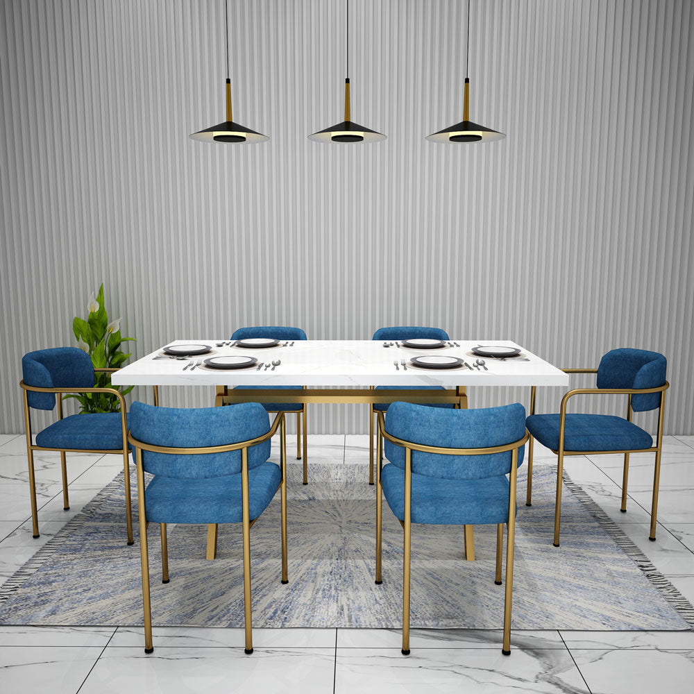 Rectangular Dining Set with 6 Chairs in White and Gold, Featuring Blue Fabric Chairs - IM3057