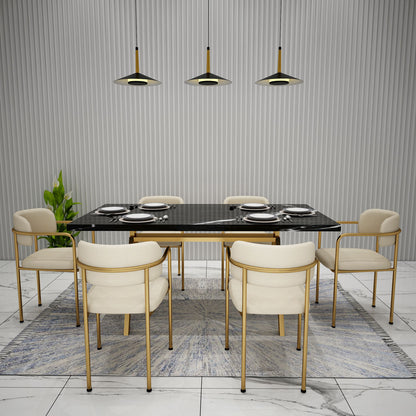 Rectangular Dining Set with 6 Chairs in Black and Gold, Featuring Off-White Fabric Chairs - IM3058