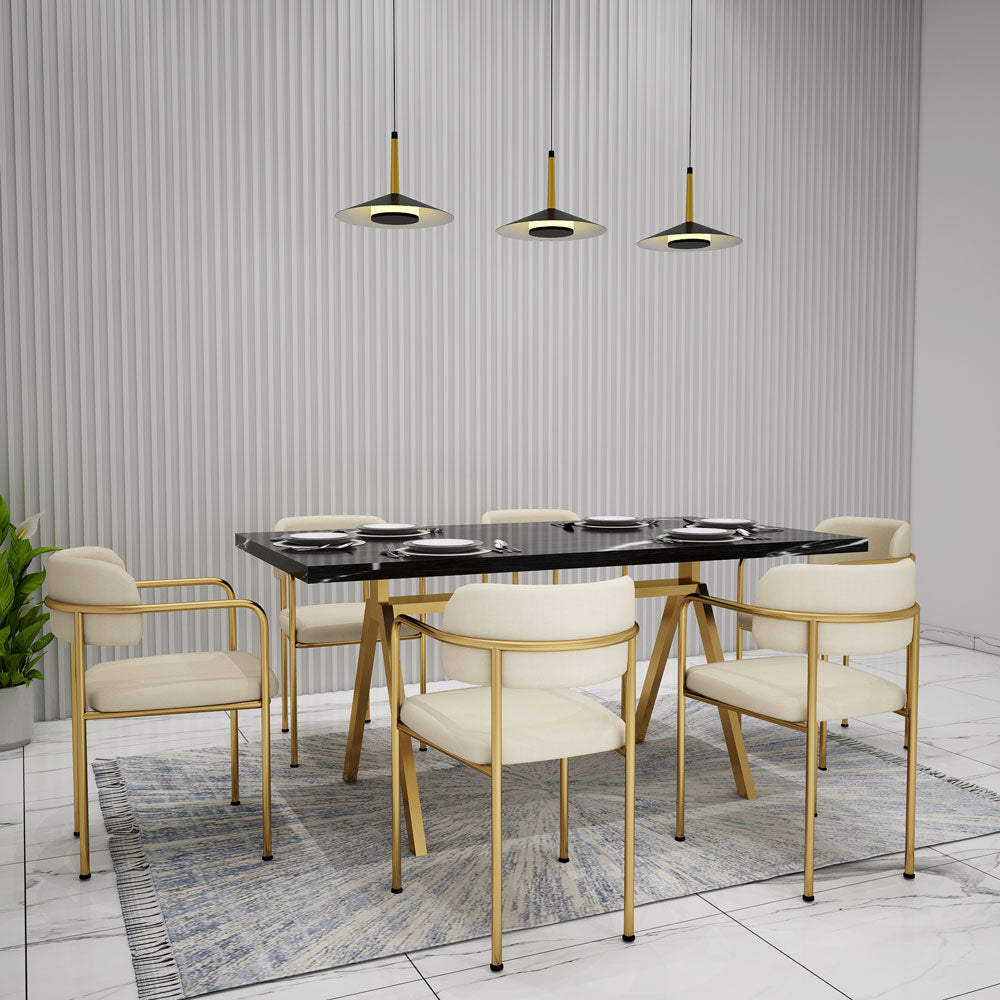 Rectangular Dining Set with 6 Chairs in Black and Gold, Featuring Off-White Fabric Chairs - IM3058