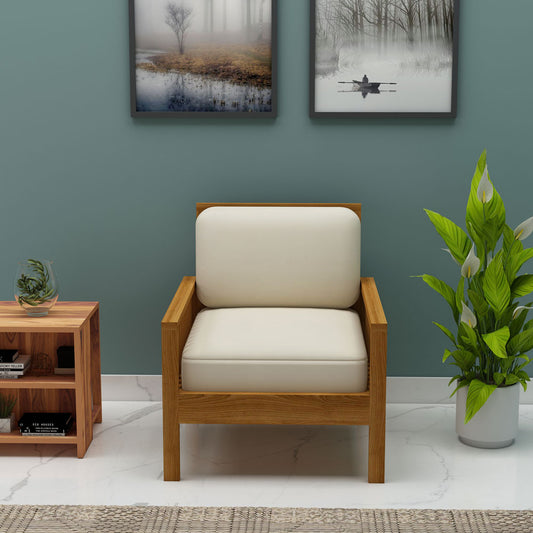 1 Seater Sofa, Sofa in Wood & Beige Color Fabric, Solid Wood Sofa, Unique Design Sofa, Comfortable Modern Sofa, Sofa with Wodden Leg, 1 Seater Sofa - IM4087