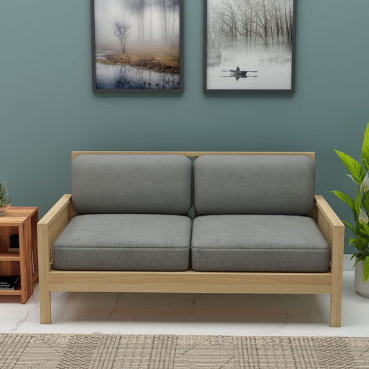 2 Seater Sofa, Sofa in Light Wood & Grey Color Fabric, Solid Wood Sofa, Unique Design Sofa, Comfortable Modern Sofa, Sofa with Wodden Leg, 2 Seater Sofa - IM4088