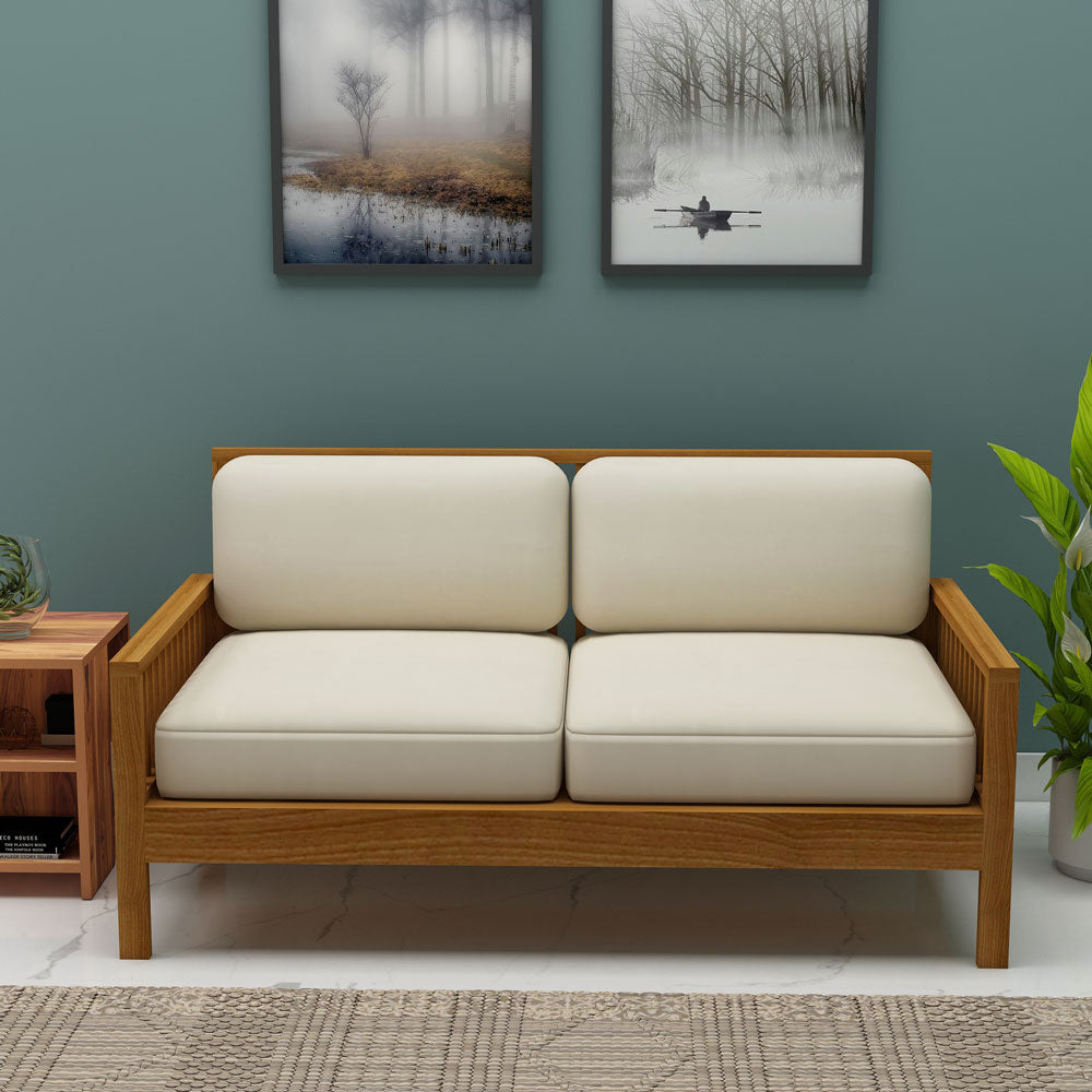 2 Seater Sofa, Sofa in Wood & Beige Color Fabric, Solid Wood Sofa, Unique Design Sofa, Comfortable Modern Sofa, Sofa with Wodden Leg, 2 Seater Sofa - IM4089