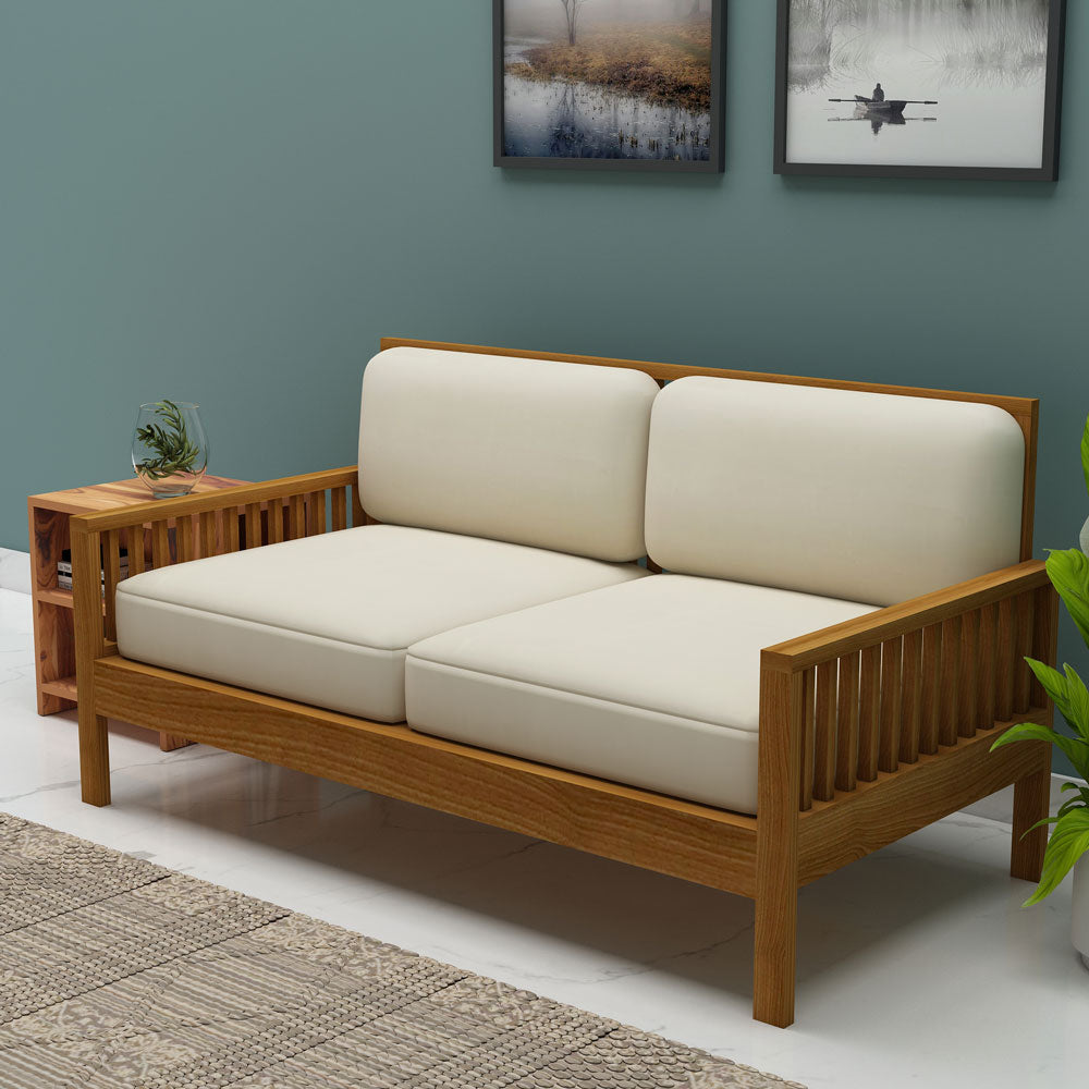 2 Seater Sofa, Sofa in Wood & Beige Color Fabric, Solid Wood Sofa, Unique Design Sofa, Comfortable Modern Sofa, Sofa with Wodden Leg, 2 Seater Sofa - IM4089