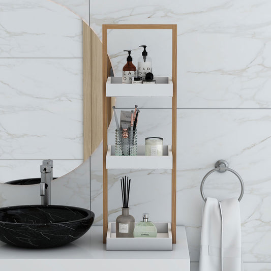 Toilet Accessory, Tray with open Shelf, White & Brown Color Tray, Utility Storage for Tray, Toliet Accessory - IM414