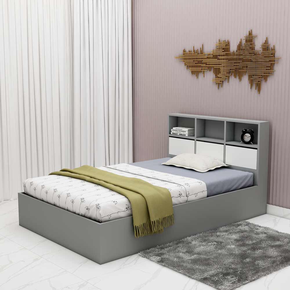 Panel Bed, Panel Bed in Grey & White Color, Panel Bed with Storage, Panel Bed with Drawer, Panel Bed - IM5075