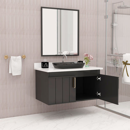 Vanity, Black Color Vanity, White Corian Top, Vanity with Shutter, Wall Mounted Vanity, Vanity - IM9001