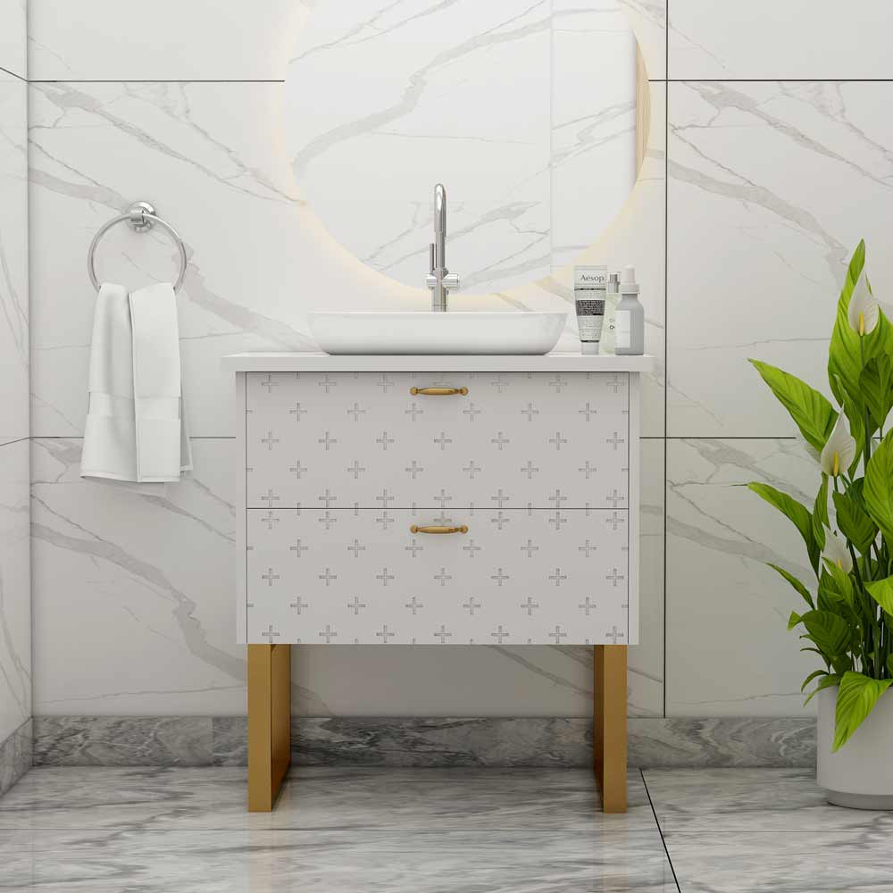 Vanity, White Color Vanity, Vanity with Drawer, Vanity with White Corian Top, Vanity with MS Leg in Gold Finish, Water Resistance Vanity, Vanity - IM9002