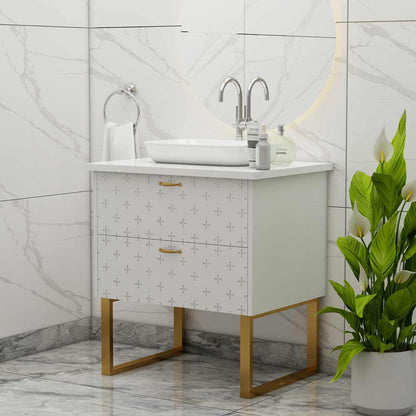 Vanity, White Color Vanity, Vanity with Drawer, Vanity with White Corian Top, Vanity with MS Leg in Gold Finish, Water Resistance Vanity, Vanity - IM9002