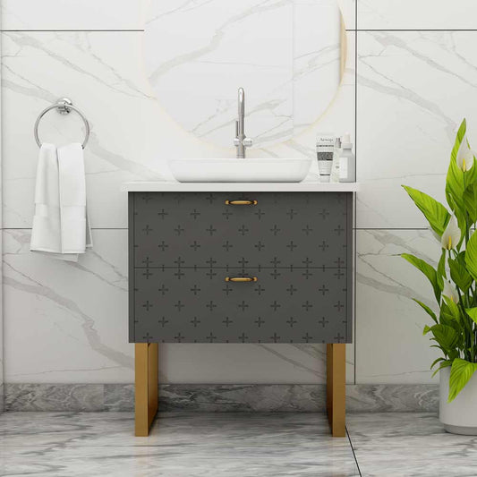 Vanity, Grey Color Vanity, Vanity with Drawer, Vanity with White Corian Top, Vanity with MS Leg in Gold Finish, Water Resistance Vanity, Vanity - IM9003