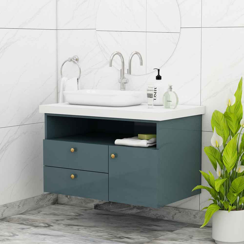 Vanity, Blue Color Vanity, Vanity with Drawer & Shutter, Vanity with Open Space, Vanity with White Corian Top, Wall Mounted Vanity, Water Resistance Vanity, Vanity - IM9004