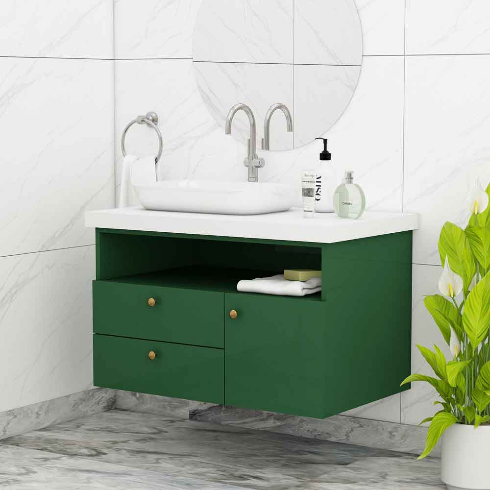 Vanity, Green Color Vanity, Vanity with Drawer & Shutter, Vanity with Open Space, Vanity with White Corian Top, Wall Mounted Vanity, Water Resistance Vanity, Vanity - IM9005