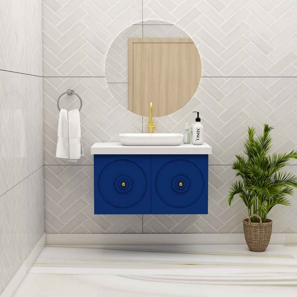 Vanity, Vanity with White Corian Top, White & Blue Color Vanity, Vanity With Shutter, Wall Mounted Vanity, Vanity - IM9008