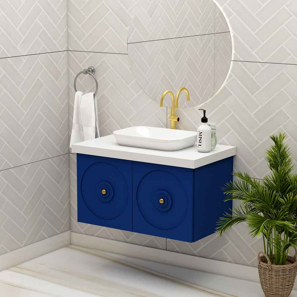 Vanity, Vanity with White Corian Top, White & Blue Color Vanity, Vanity With Shutter, Wall Mounted Vanity, Vanity - IM9008