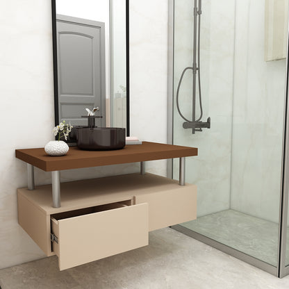 Vanity, Brown, Beige & Silver Color Vanity,  Vanity with Drawer, Vanity in Brown Corian Top, Wall Mounted Vanity, Vanity - IM9010