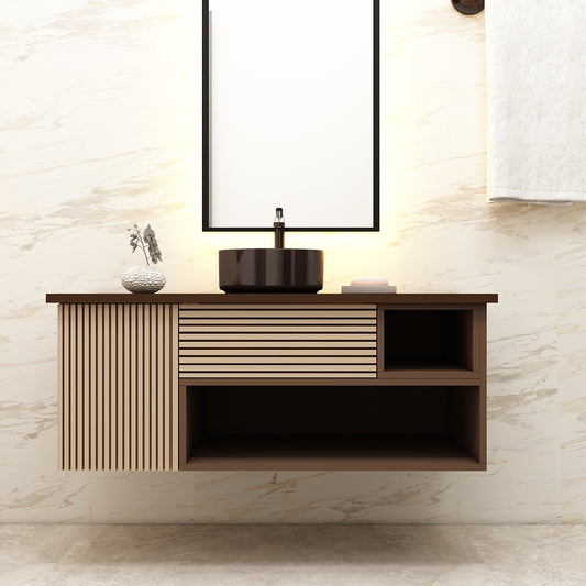 Vanity, Brown & Beige Color Vanity,  Vanity with Drawer & Shutter, Vanity with Open Shelf, Vanity in Brown Corian Top, Wall Mounted Vanity, Vanity - IM9010