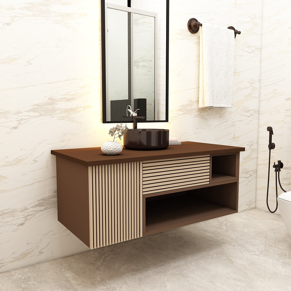 Vanity, Brown & Beige Color Vanity,  Vanity with Drawer & Shutter, Vanity with Open Shelf, Vanity in Brown Corian Top, Wall Mounted Vanity, Vanity - IM9010