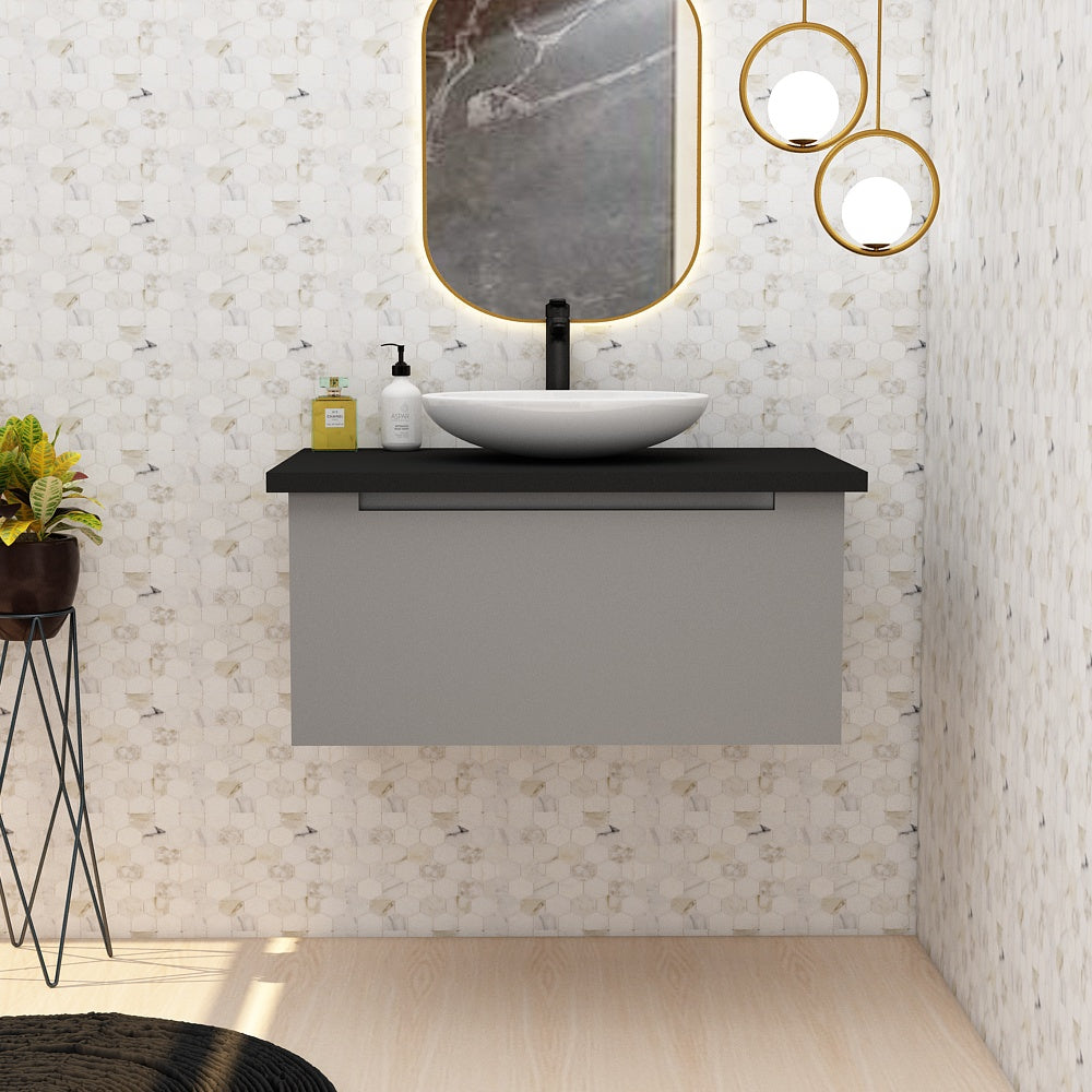 Vanity, Grey Color Vanity, Black Corian Top in Vanity, Vanity with Drawer, Wall Mounted Vanity, Vanity - IM9012