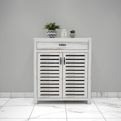 White Distressed Wood Shoe Cabinet with Slatted Doors and Drawer,  IM-10044