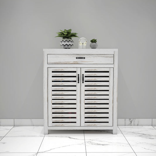 White Distressed Wood Shoe Cabinet with Slatted Doors and Drawer,  IM-10044