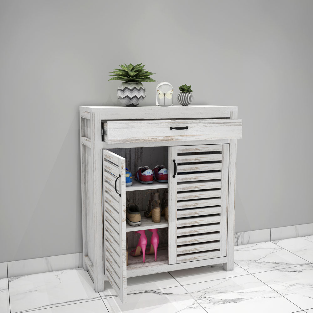 White Distressed Wood Shoe Cabinet with Slatted Doors and Drawer,  IM-10044