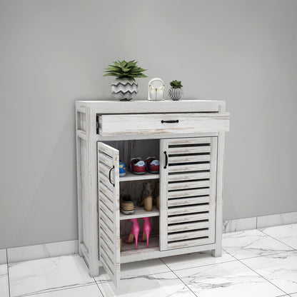 White Distressed Wood Shoe Cabinet with Slatted Doors and Drawer,  IM-10044