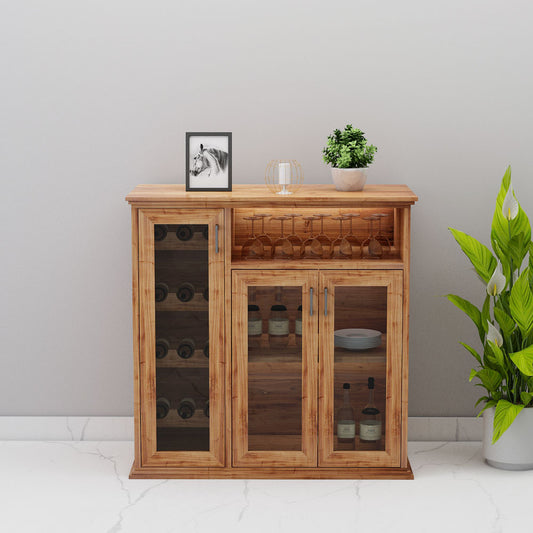 Bar Cabinet,  Solid Wood Bar Cabinet, Bar Cabinet with Open Shelf, Light Brown Color Bar Cabinet, Bar Cabinet with Shutter, Bar Cabinet- IM- 10046